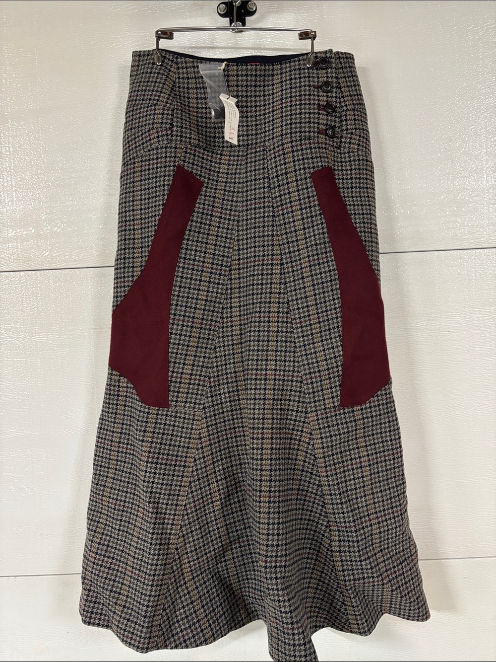 A-Line Houndstooth Midi Skirt with Burgundy Panel Accents